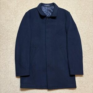 Ben Sherman Coat Mens 42 Blue Wool Herringbone Overcoat Lined Pockets Winter